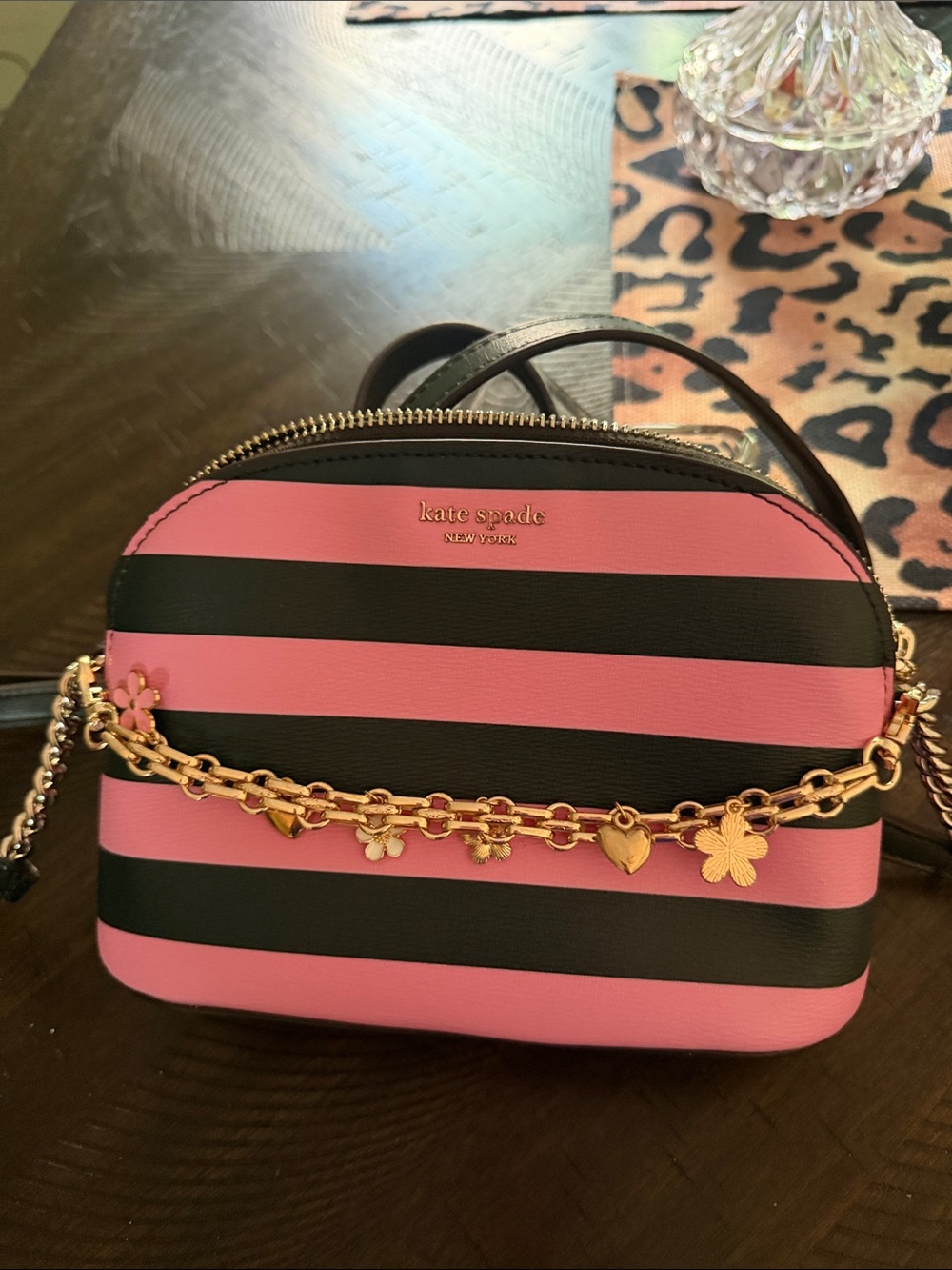 kate spade Pink and Black Striped Dome Crossbody with Gold Charm Chain